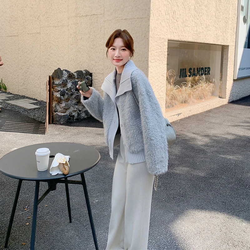 小众温柔风针织拼接羊羔毛外套2025冬季新款韩系ins风加厚棉衣潮