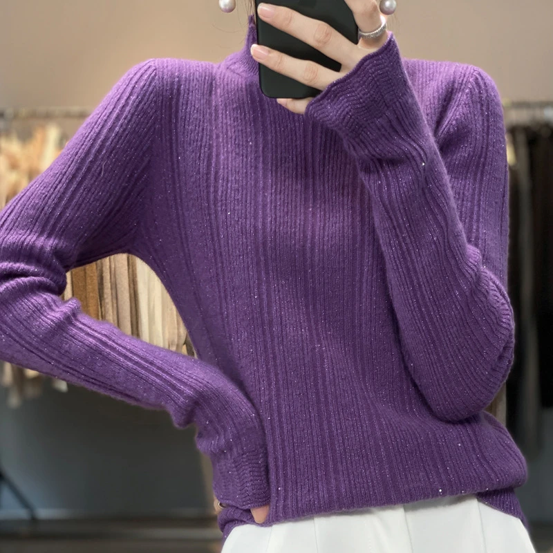 花边半高圆领简约纯色亮片坑条毛衣修身显瘦通勤全羊毛针织打底衫
