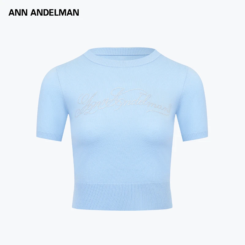 【商场同款新品】ANN ANDELMAN 25春夏时尚圆领花体字烫钻针织短袖