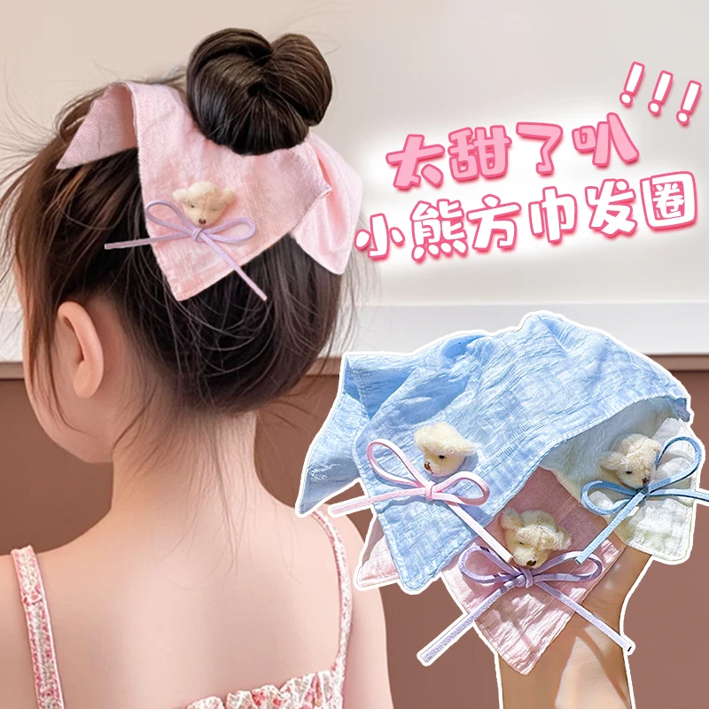 【小熊发圈】超仙敲可爱小熊蝴蝶结方巾发圈儿童韩版甜美头绳发饰