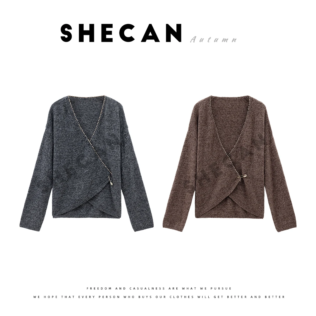 SHECAN【小满】贝珠纽扣花纱设计山羊绒绵羊毛针织开衫5QC283