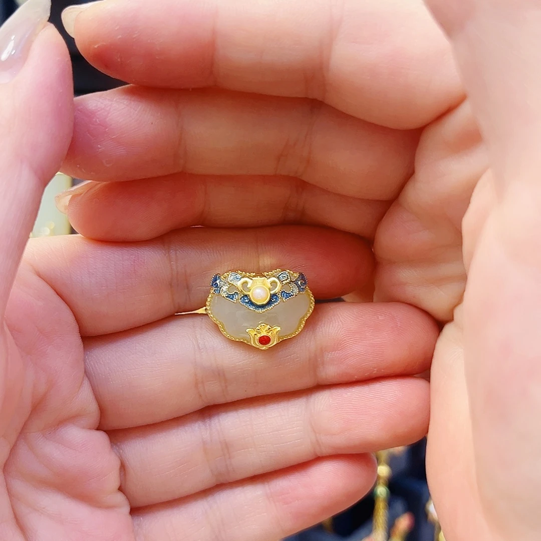 和田玉银S925镀金镶嵌戒指