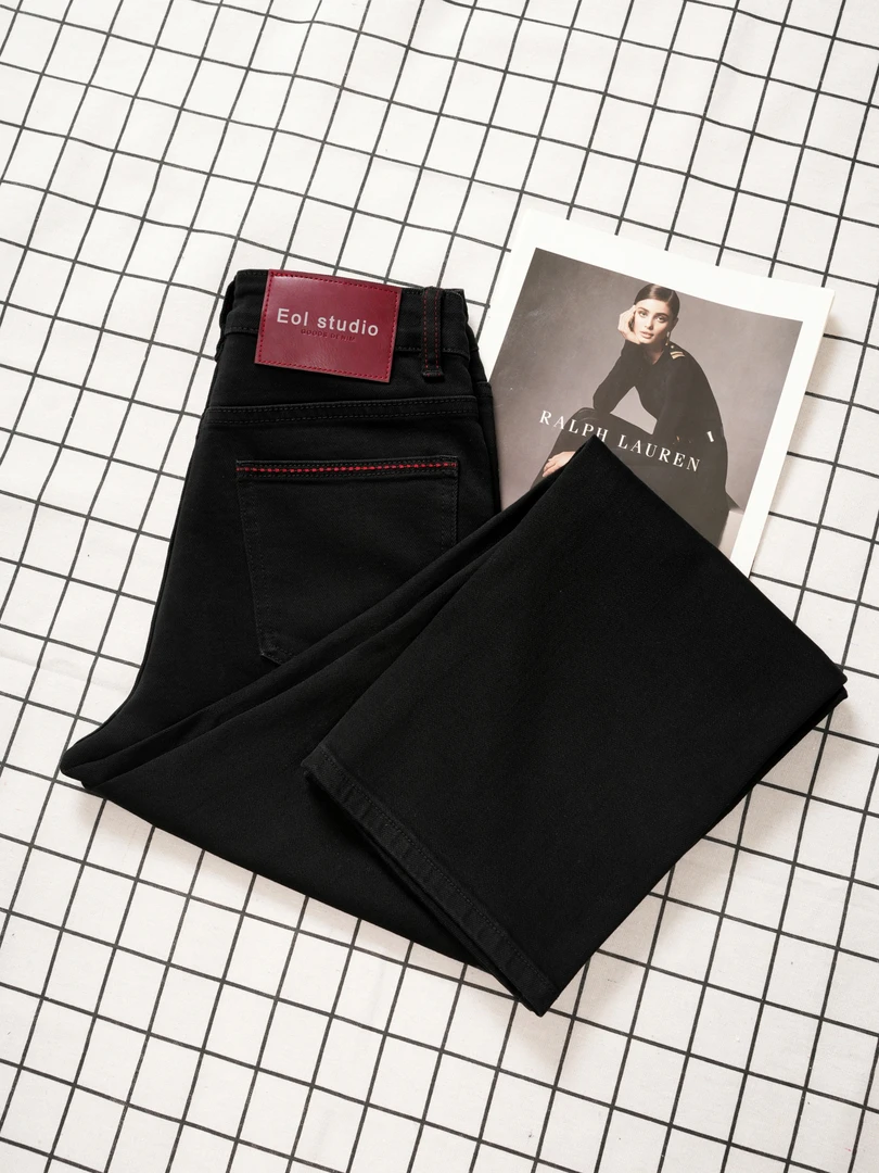 EOL春季新款窄版显瘦阔腿黑牛复古直筒休闲高腰弹力女牛仔裤7007