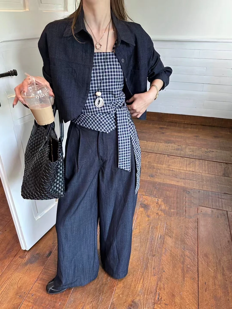 2025秋季新款时尚套装阔腿休闲气质宽松牛仔长袖外套女吊带三件套