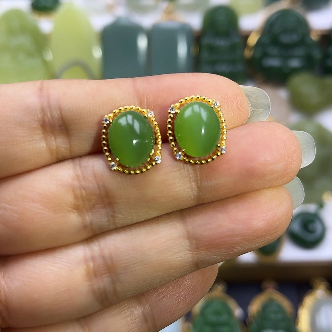 和田玉银S925镶嵌耳饰