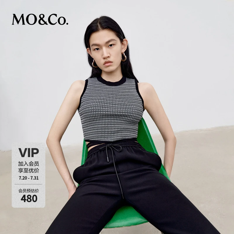 MOCO秋黑白提花短款绑带背心针织衫MBC3SWTT29