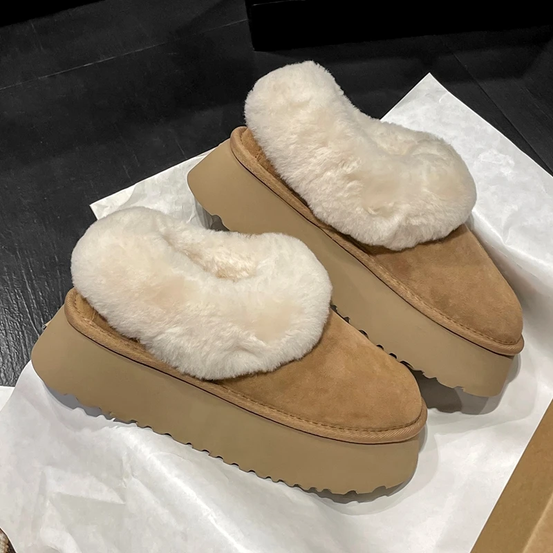 桑坡直发 大喜庆厚底羊皮毛一体雪地靴加绒一脚蹬冬季毛毛棉鞋女