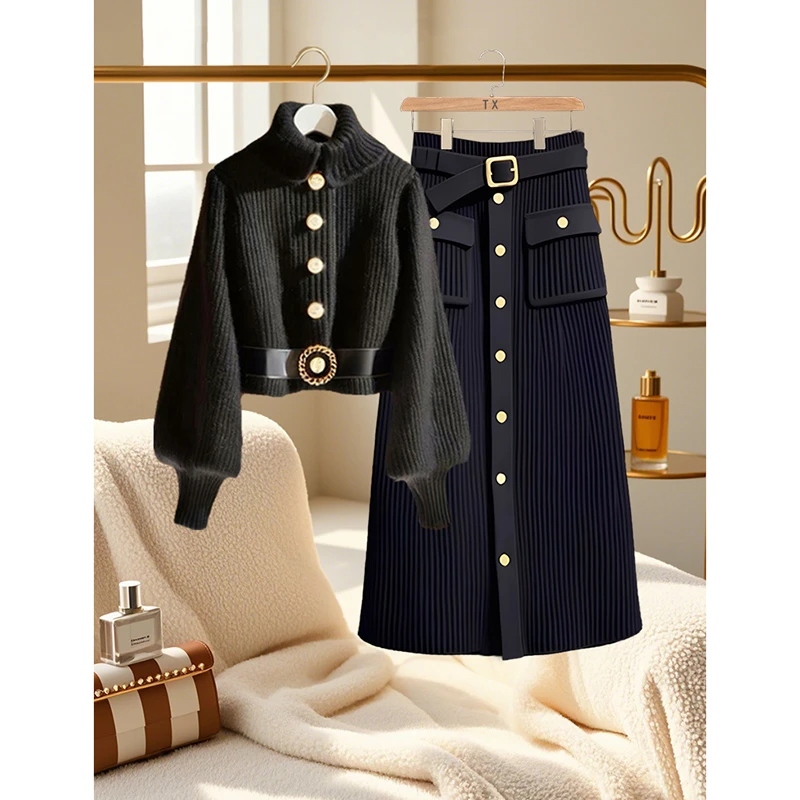 早春季法式时尚黑色针织毛衣女2025新款减龄超好看半身裙两件套装