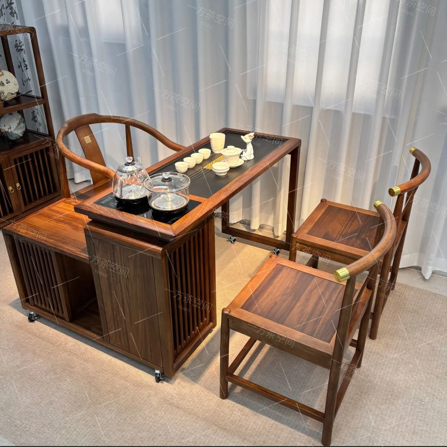 实木乌金木茶桌椅组合小户型家用茶台可移动可旋转多功能阳台庭院