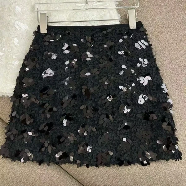 gg黑色碎花珠片重工高腰半裙