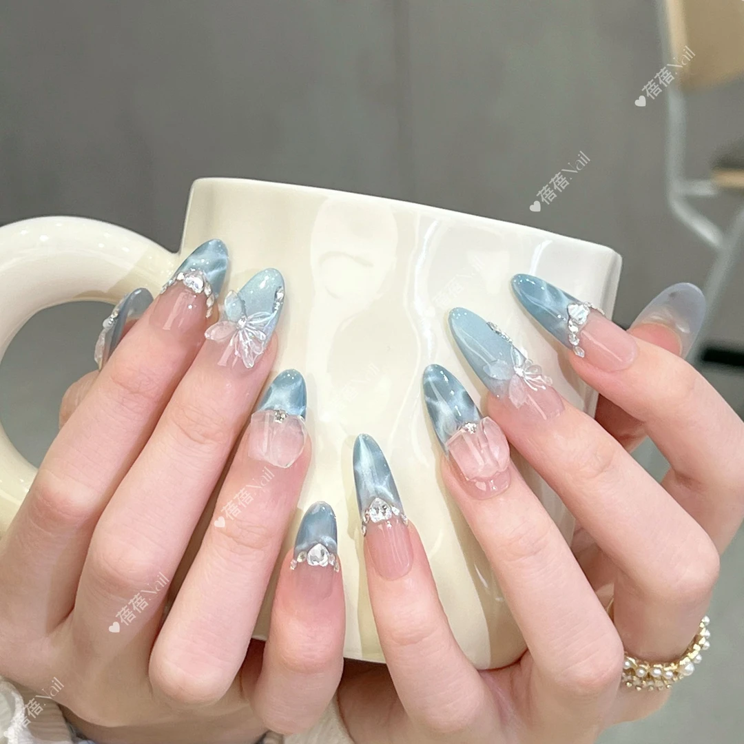 【水波纹蝴蝶】纯手工光疗穿戴甲水波纹猫眼显白纯欲风蓝色猫眼