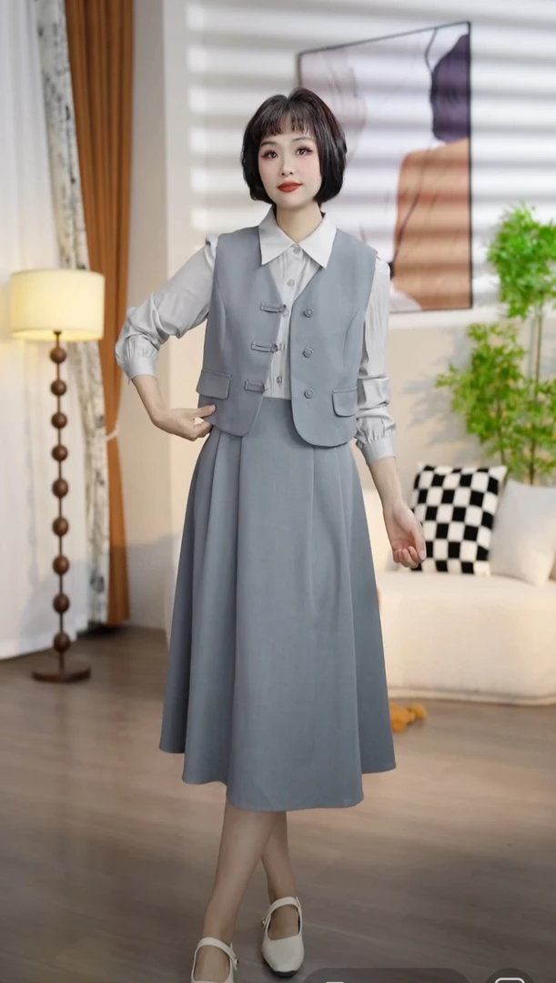 T077春秋新款高级长袖衬衣领拼接裙西装马甲背心两件套套裙DM6