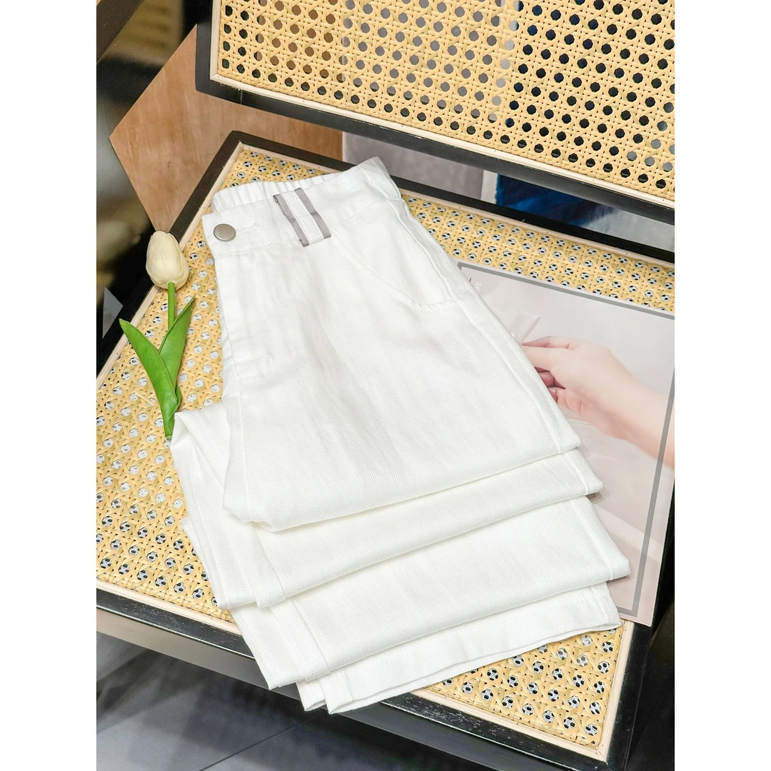 2025人字纹亚麻休闲直筒裤女裤松紧高腰裤子女宽松棉麻阔腿裤显瘦