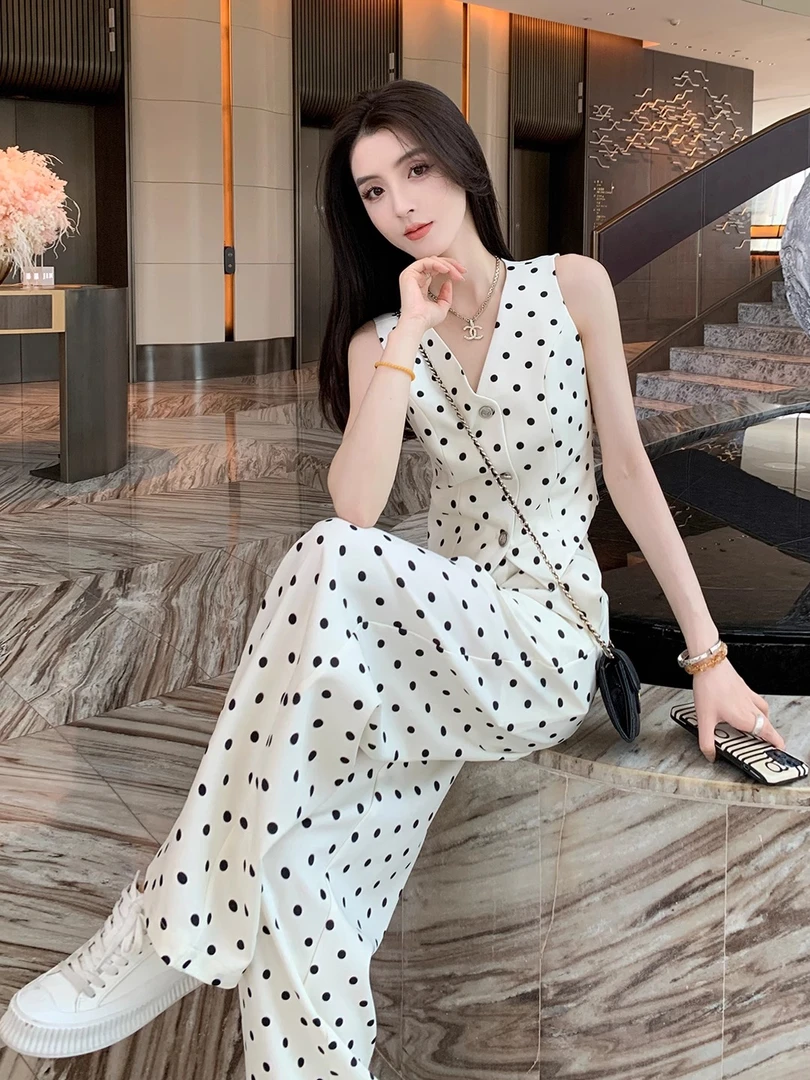 无袖小香风白色波点套装女夏日韩系chic气质休闲马甲阔腿裤两件套