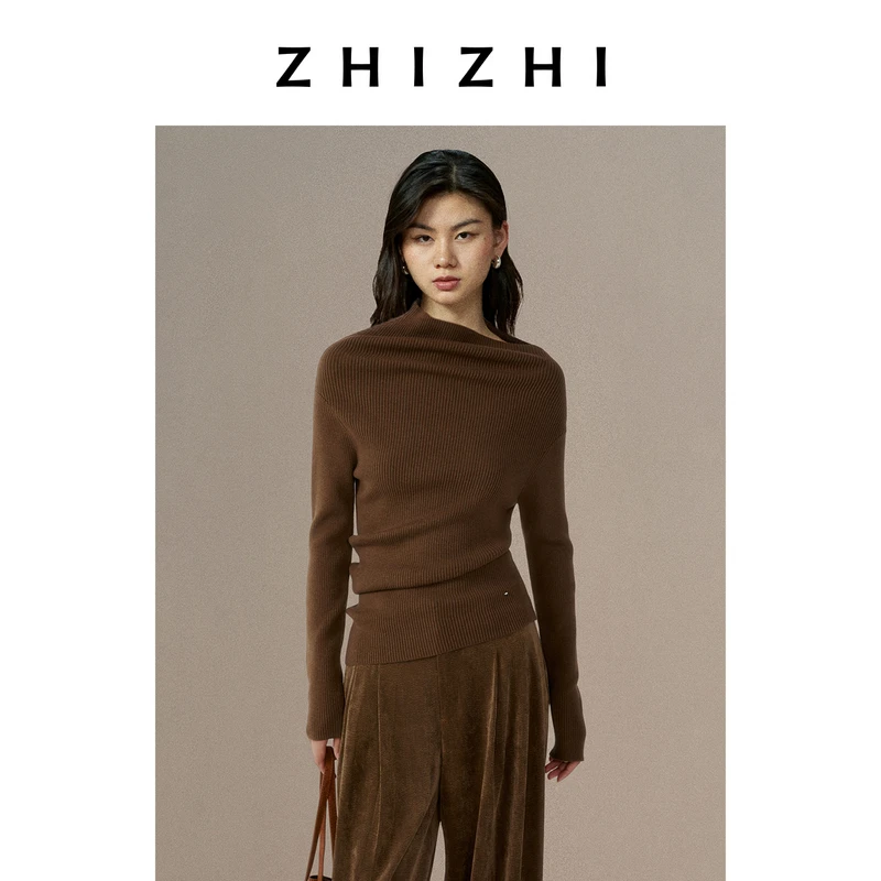 致知 国门东 堆叠慵懒感斜肩一字领收腰针织上衣ZZ2EWKZS019