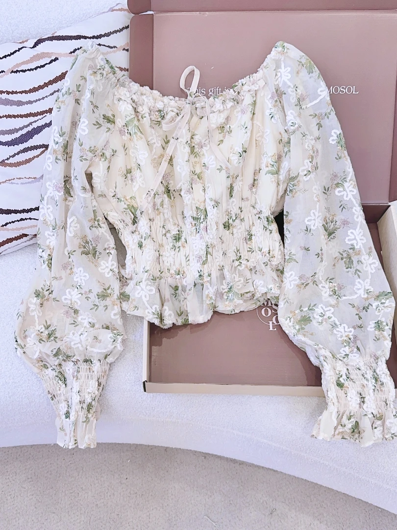 琳心丨早秋新款碎花满印蕾丝蝴蝶结系带收腰衬衫 0218