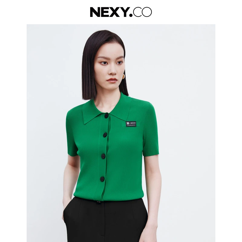 NEXY.CO/奈蔻针织衫撞色开衫气质短款时尚百搭绿色夏季XZ01482I6