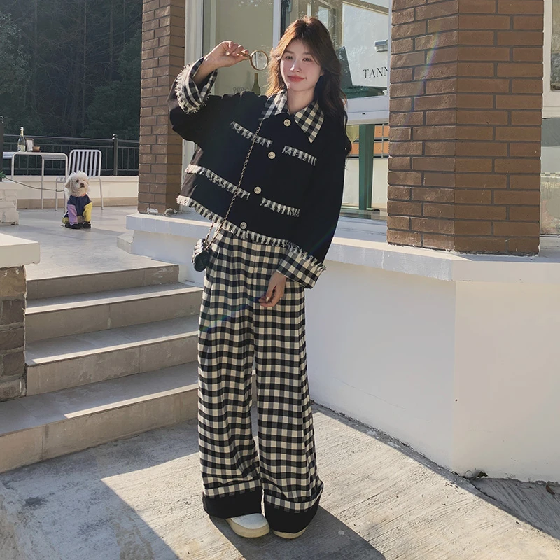 慵懒风休闲套装女2025年春秋新款设计感格子拼接上衣阔腿裤两件套