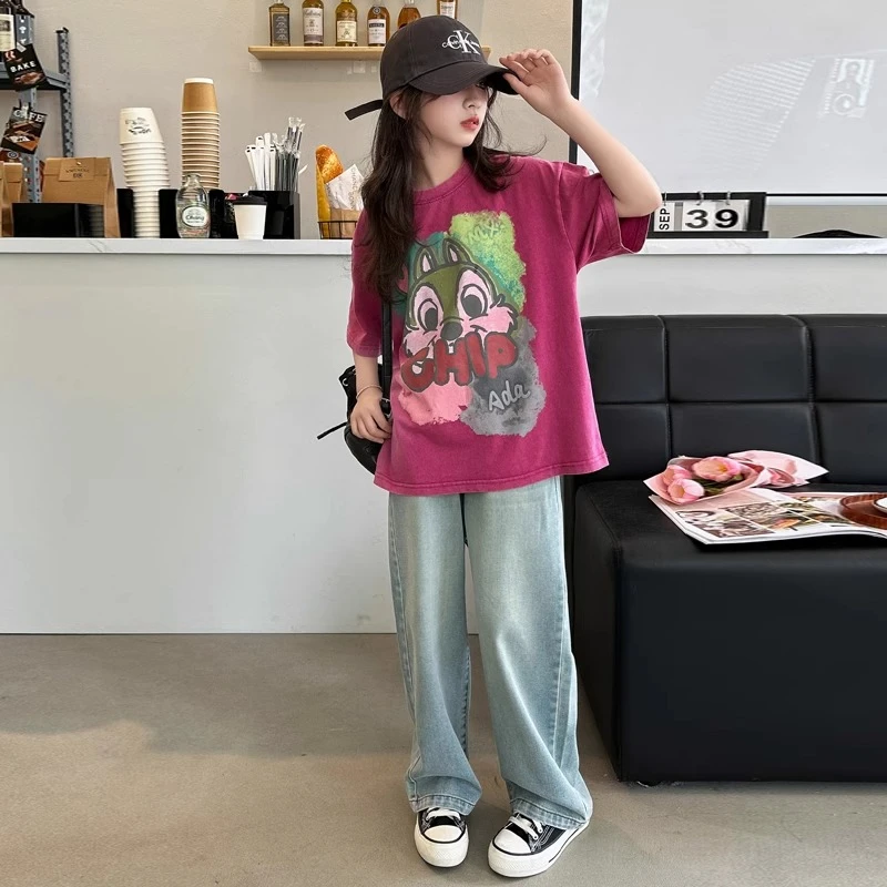 女童夏季短袖套装2025新款洋气T恤儿童时髦牛仔裤夏装两件套