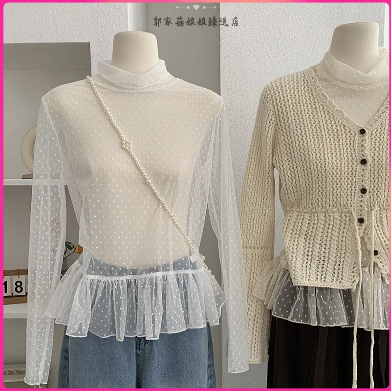 薄款波点长袖打底衫新品高领叠穿荷叶边下摆网纱上衣内搭洋气时尚