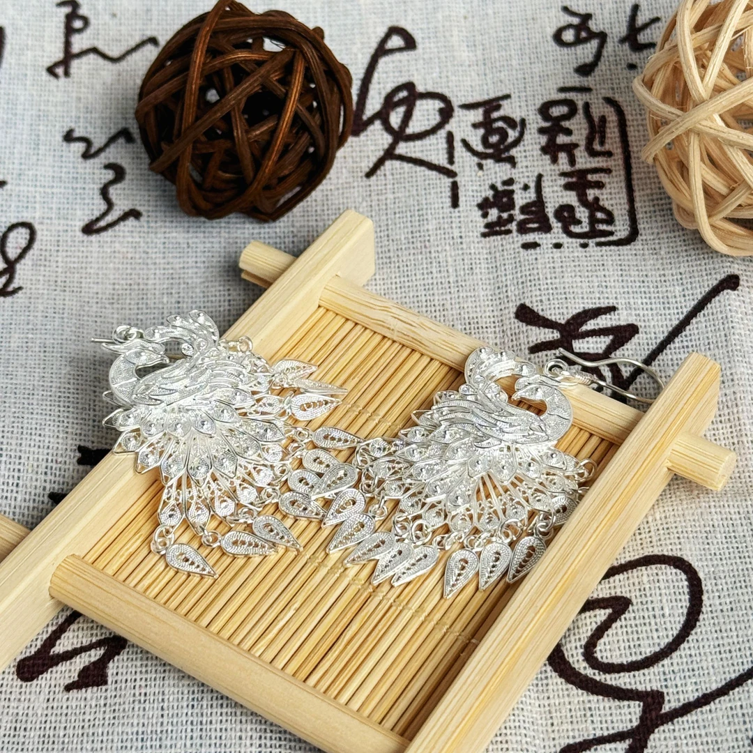 足银耳饰 苗岭银歌传承 |足银凤回头水滴耳坠