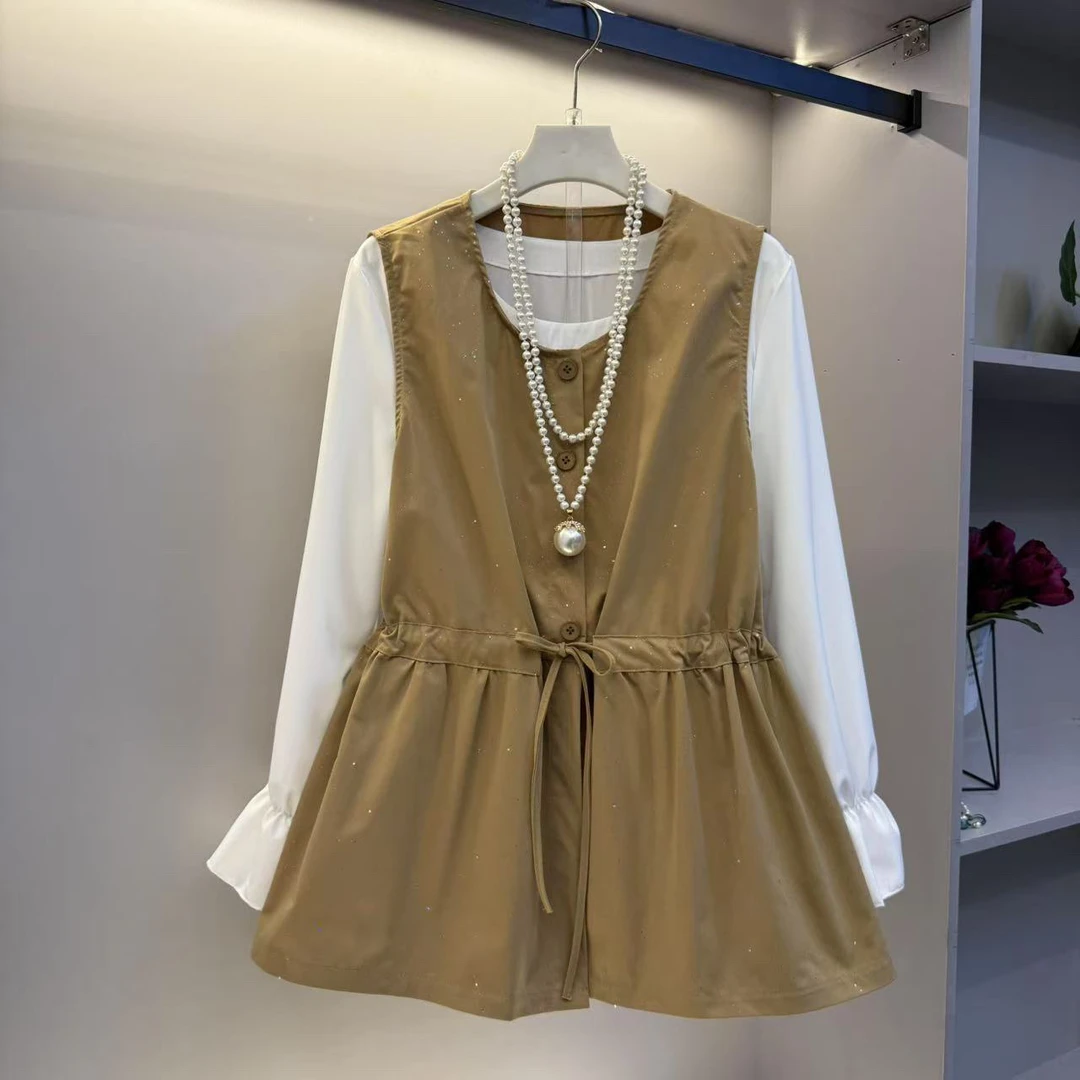 欧货2025新款大码女装洋气减龄收腰马甲简约衬衫两件套上衣