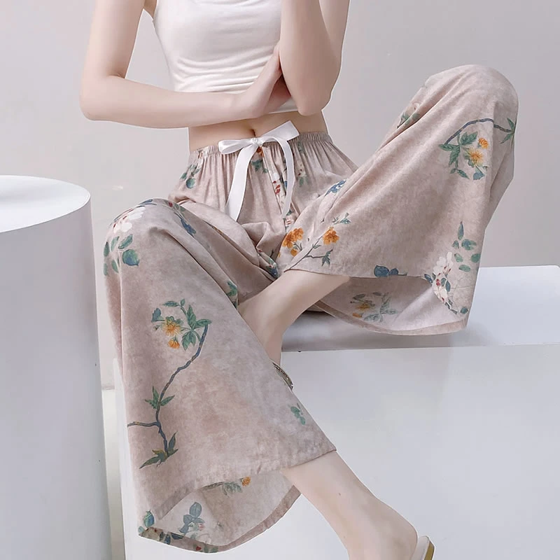 夏人棉凉裤人造棉女裤长裤棉绸睡裤防蚊裤九分薄绵绸休闲宽松大码