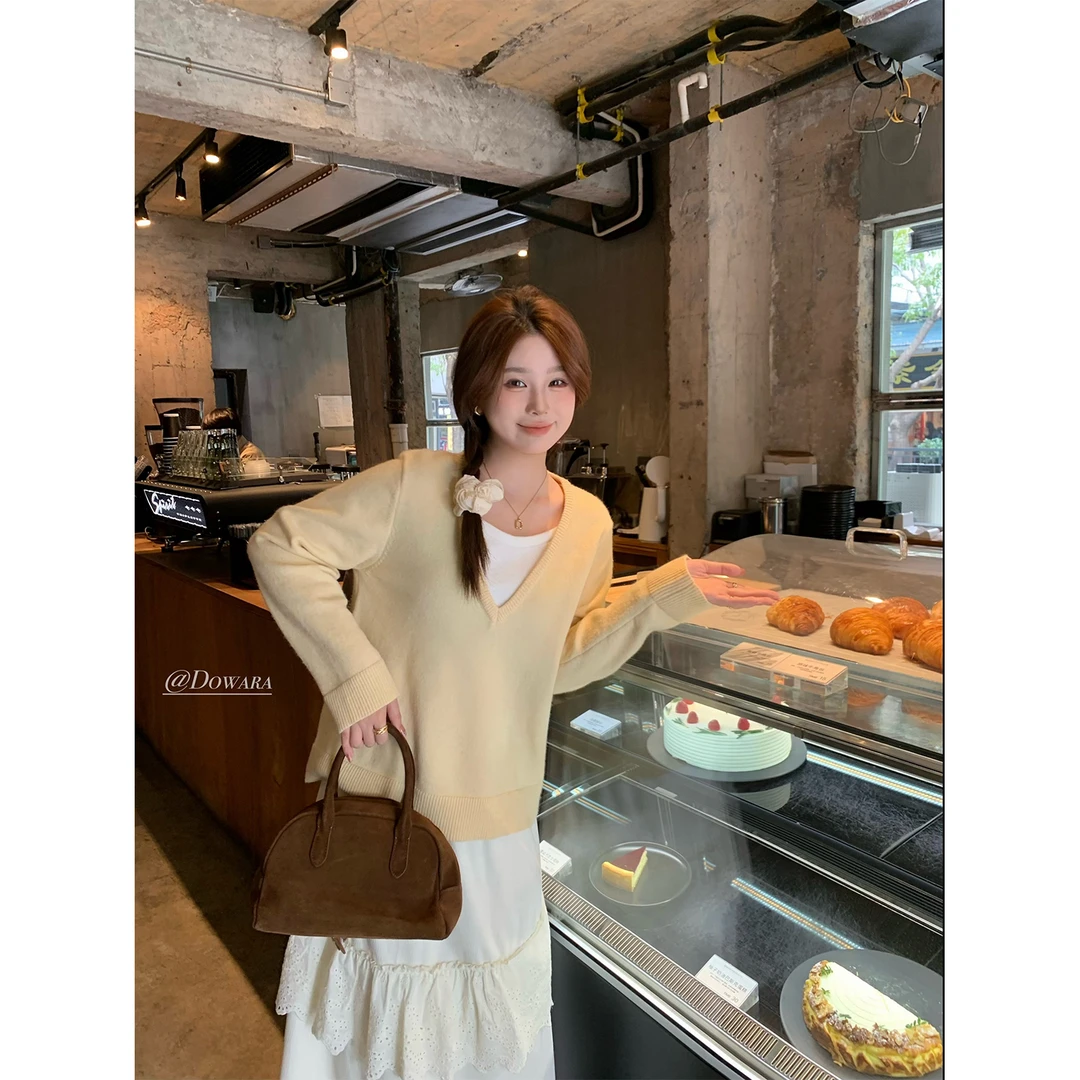现货5686D大婉酱微胖定制 假两件套头针织衫早春宽松显瘦百搭上衣