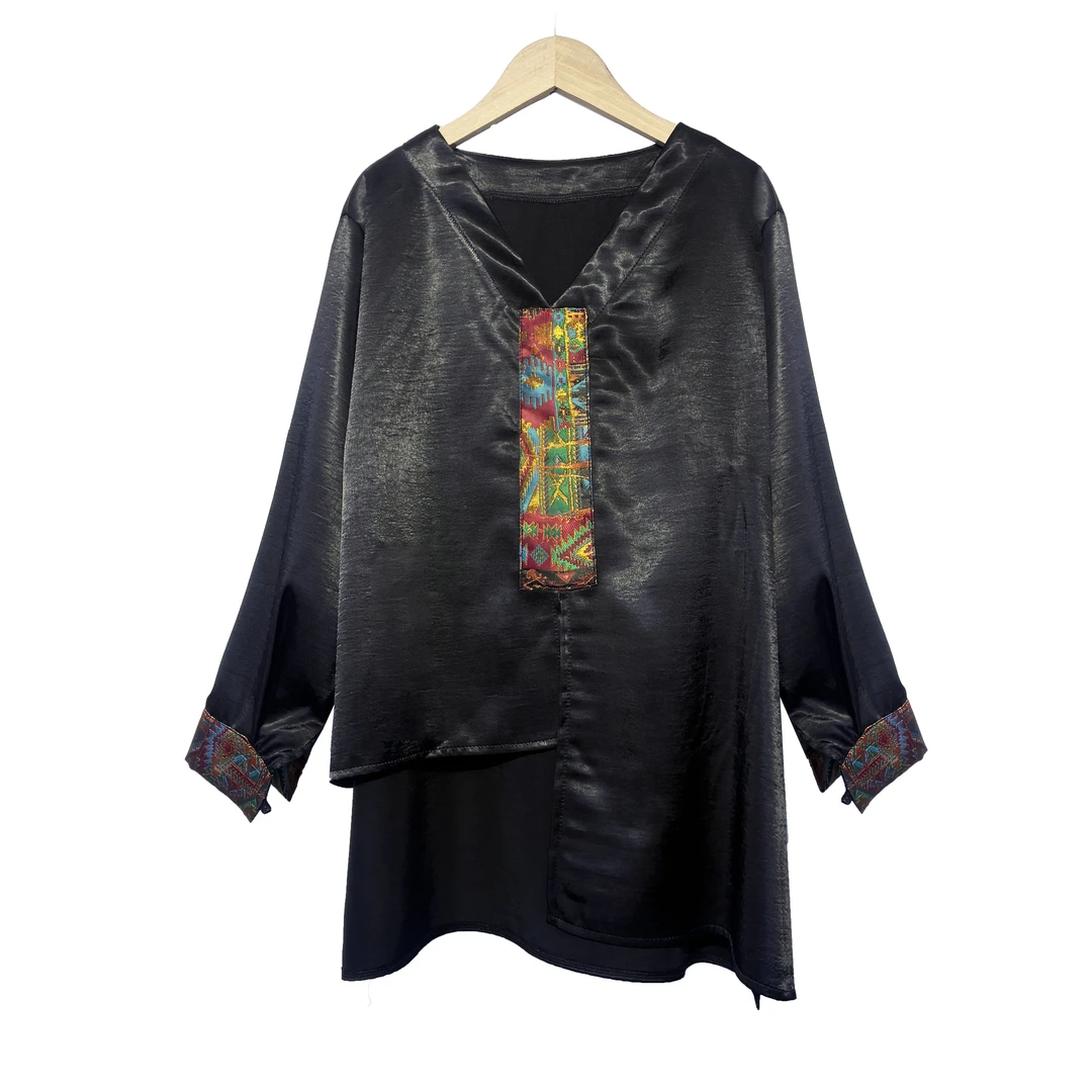 2006新中式国风复古不规则拼接七彩宽松百搭重工烫金气质上衣