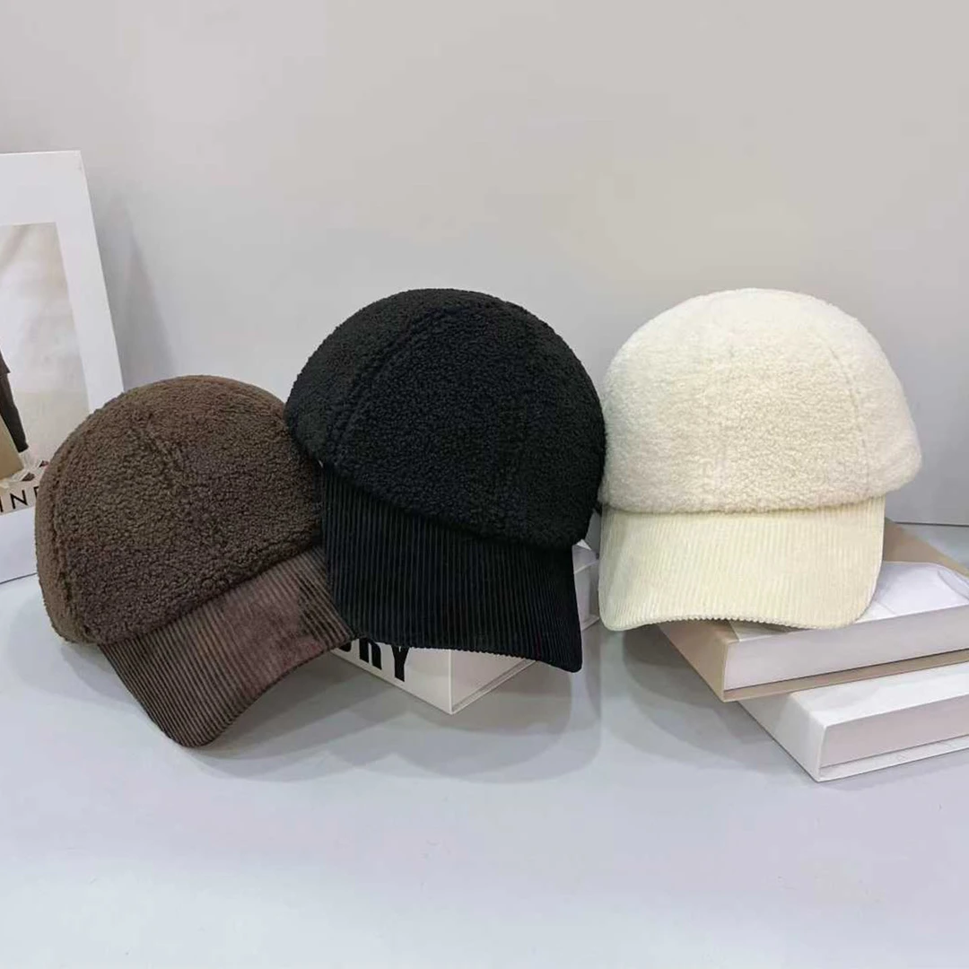 日系复古羊羔毛拼条绒帽檐棒球帽子女秋冬显脸小新款保暖鸭舌帽男
