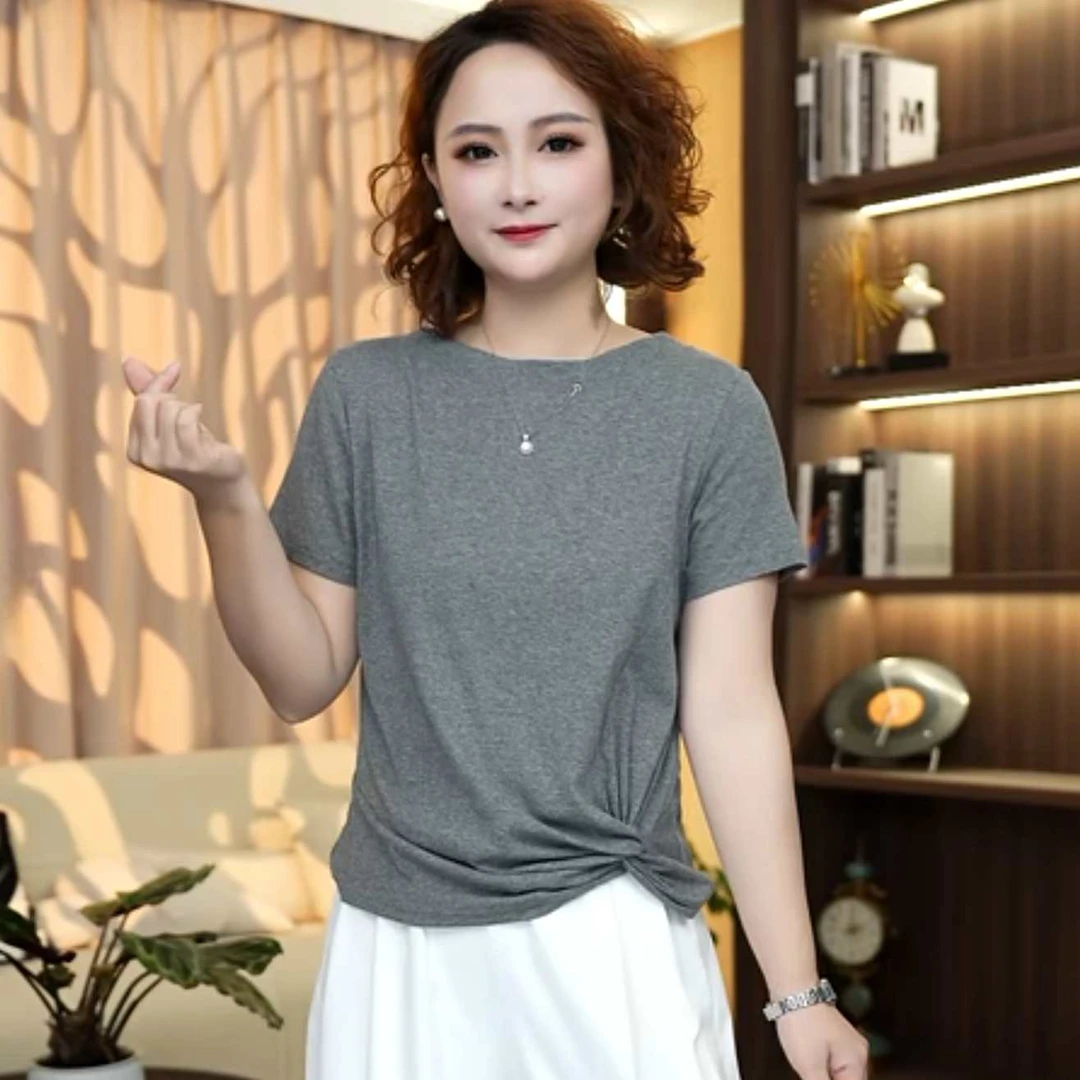 5285 纯色显瘦短袖t恤女装2025年薄款新款正肩圆领百搭体恤上衣潮