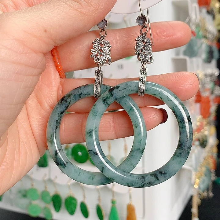 翡翠耳饰银S925镶嵌万**阻翡翠