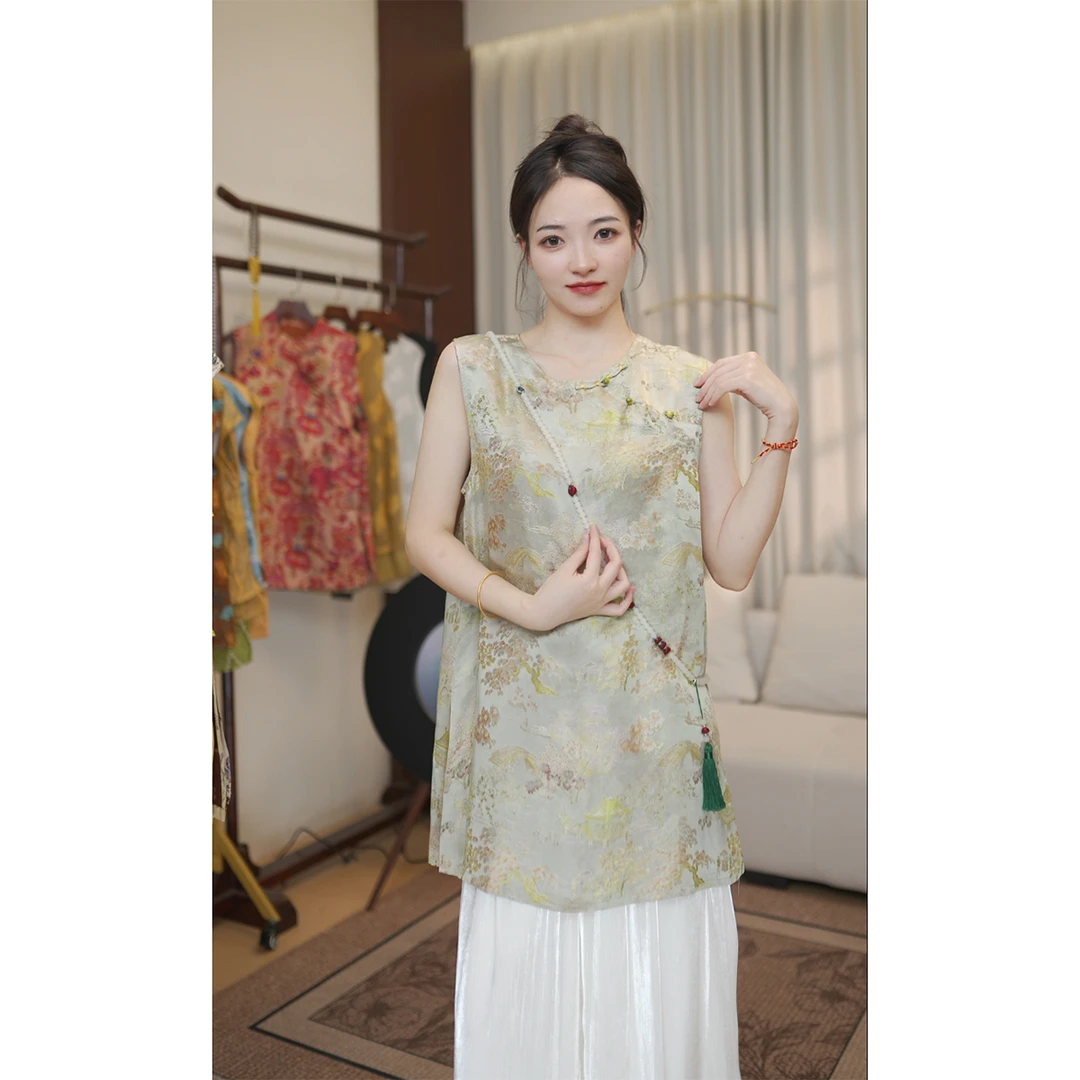 【庭榆】斜襟提花中长款短袖薄款立领上衣网红中式百搭上衣女