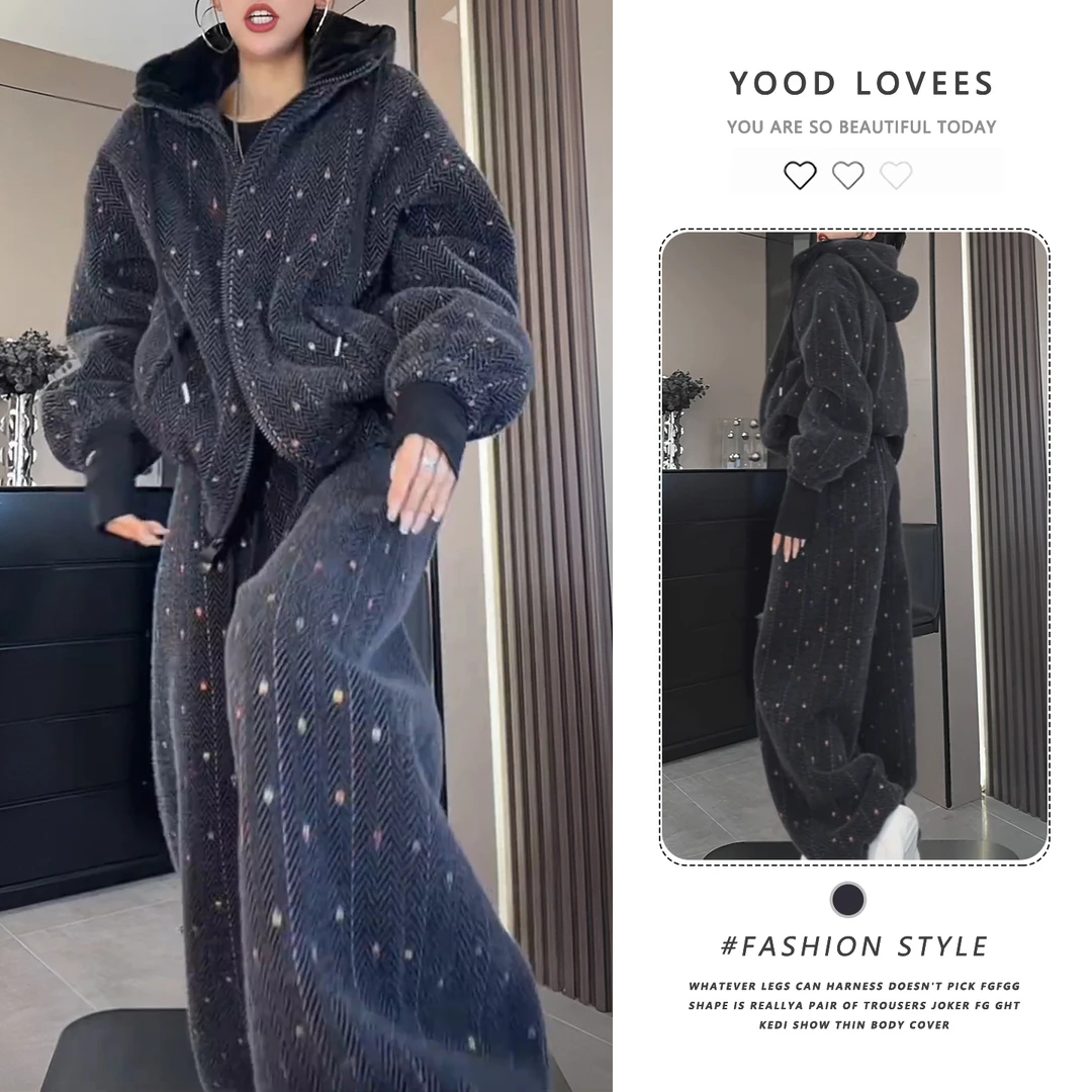 冬季新款时尚套装慵懒风潮流网红休闲百搭连帽外套+休闲裤两件套
