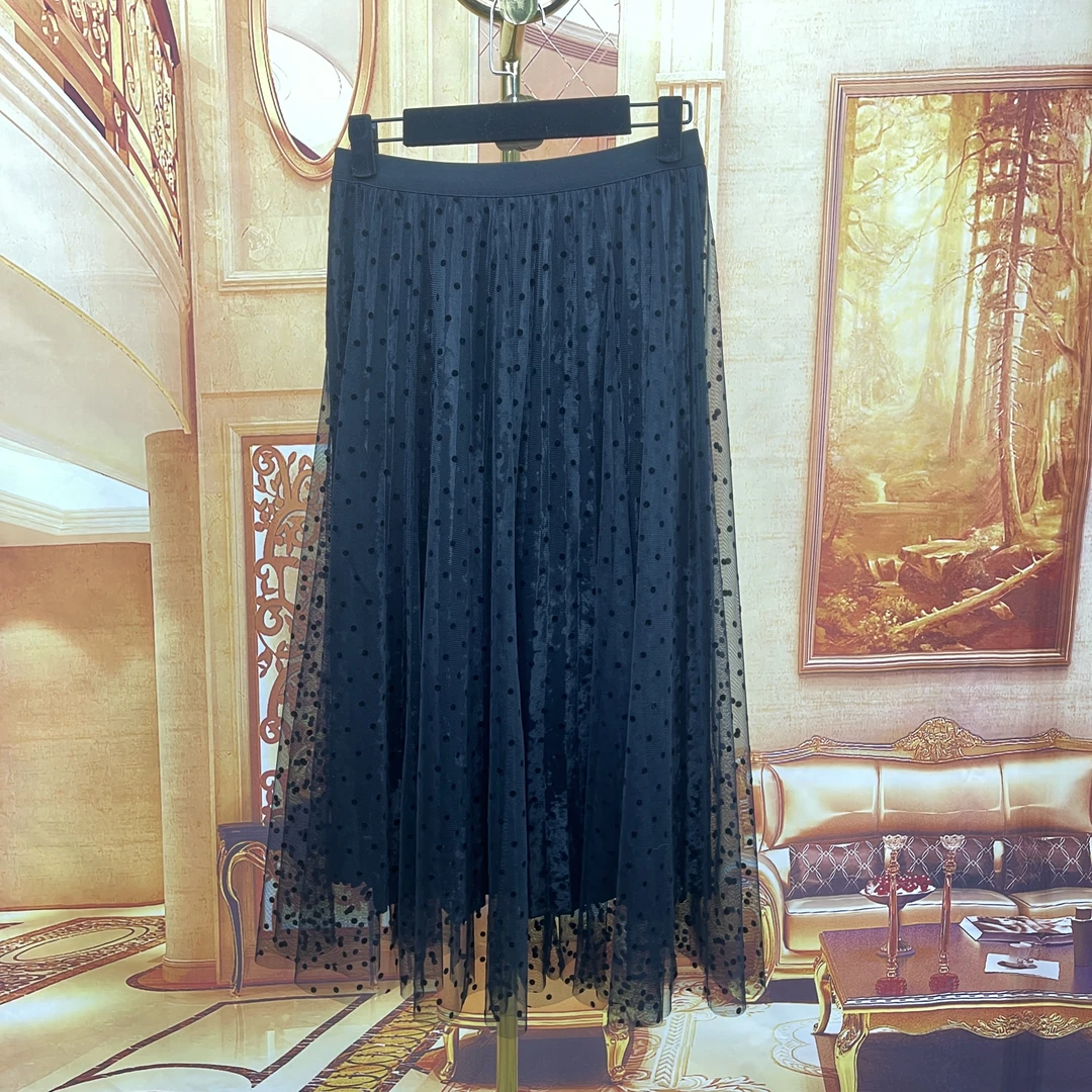 3055中长款波点半身裙女新款高腰显瘦气质a字百褶裙