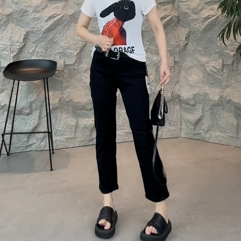 梨形身材黑色直筒牛仔裤女秋季大码高腰弹力显瘦胖mm九分烟管裤子