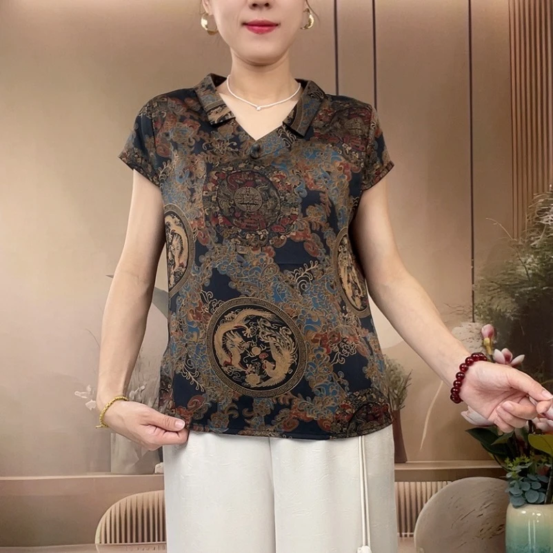 短袖娃娃领T恤复古中国风宽松夏季龙凤呈祥小衫