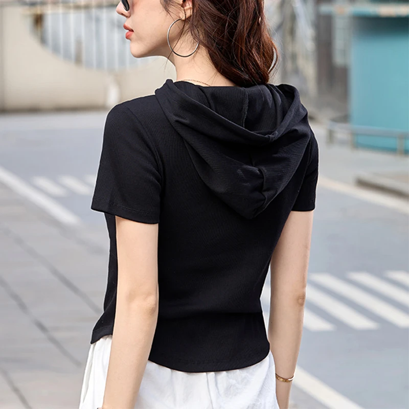 小个子短款连帽短袖T恤女夏季2025新款弧形下摆纯色体恤漂亮上衣
