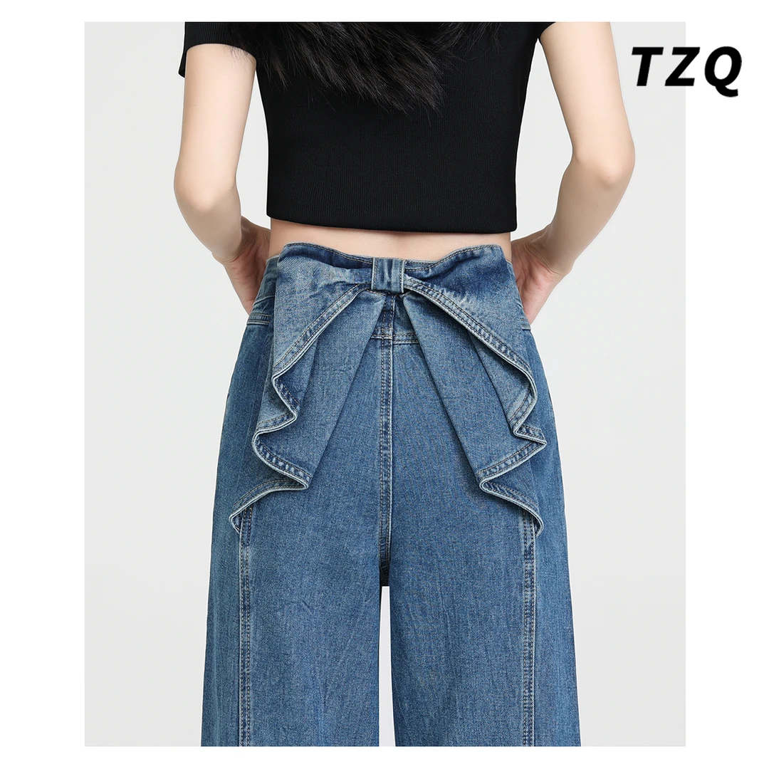 设计感立体蝴蝶结牛仔裤女2025新款宽松高腰阔腿直筒裤TZQ2522849