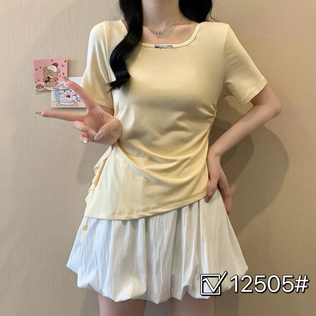 荷叶边短袖T恤2025夏季新款不规则小众设计感百搭显瘦开叉上衣