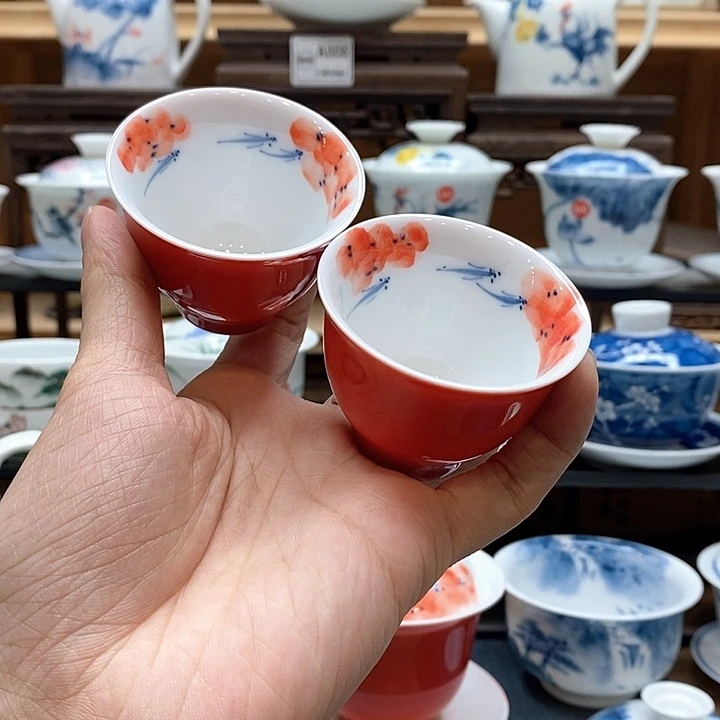 手绘2个装龙船花杯子60cc釉下彩微瑕福利款