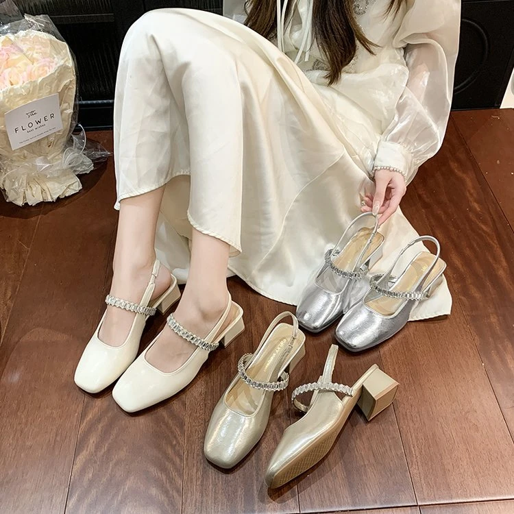 仙女风水钻时尚包头凉鞋百搭粗跟方头法式浅口中跟一字带玛丽珍鞋