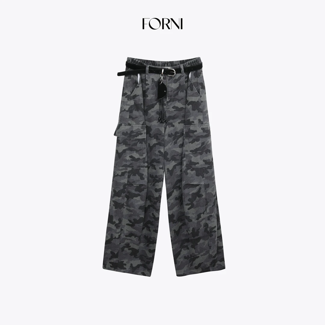 FORNI 伞兵迷彩工装 美式街头复古做旧迷彩印花阔腿直筒工装裤