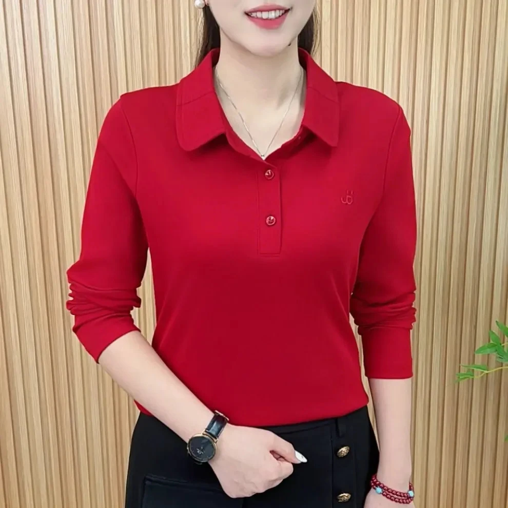 2025秋季时尚洋气新款简约翻领刺绣纯色常规百搭显瘦上衣A5599