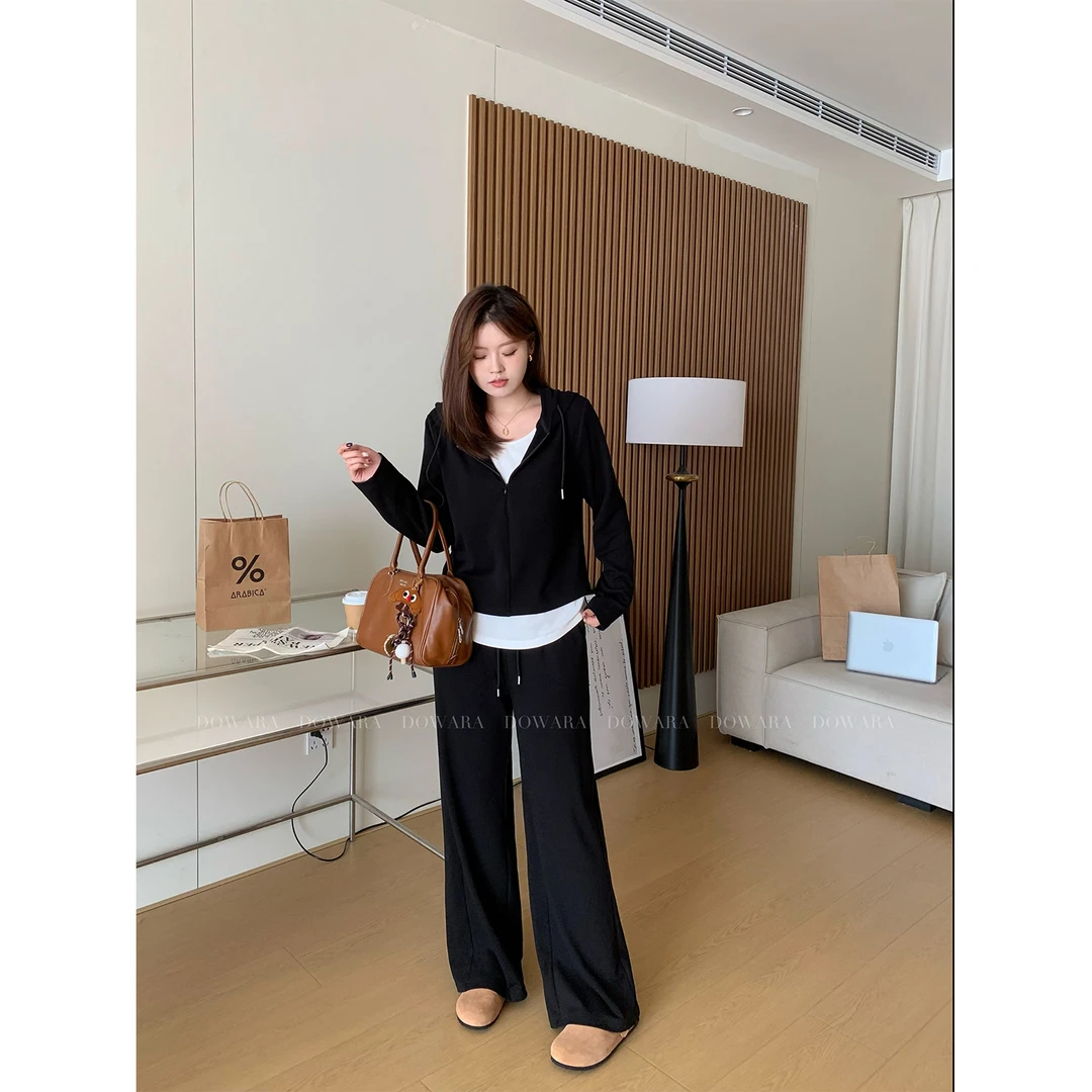 大婉酱微胖定制 韩系简约休闲假两件上衣阔腿裤套装两件套女7299D