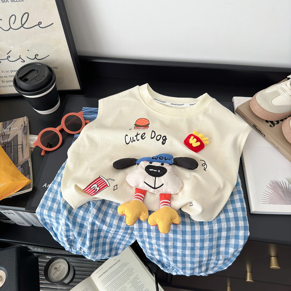 2025新款儿童时尚印花百搭休闲格子裤卡通玩偶纯棉无袖背心套装