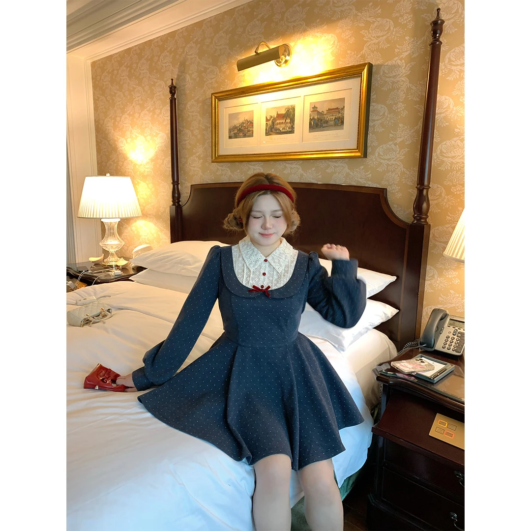 安妮不火【尤莉千金】新款假两件波点印花绑带呢子连衣裙A253Q0596