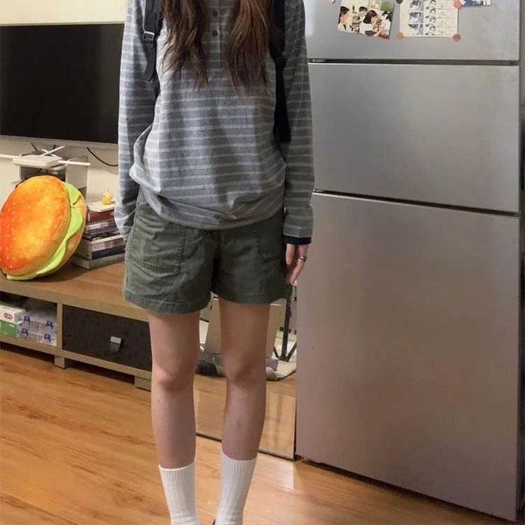 韩系复古军绿色休闲牛仔短裤女2025秋季新款高腰显瘦百搭阔腿热裤