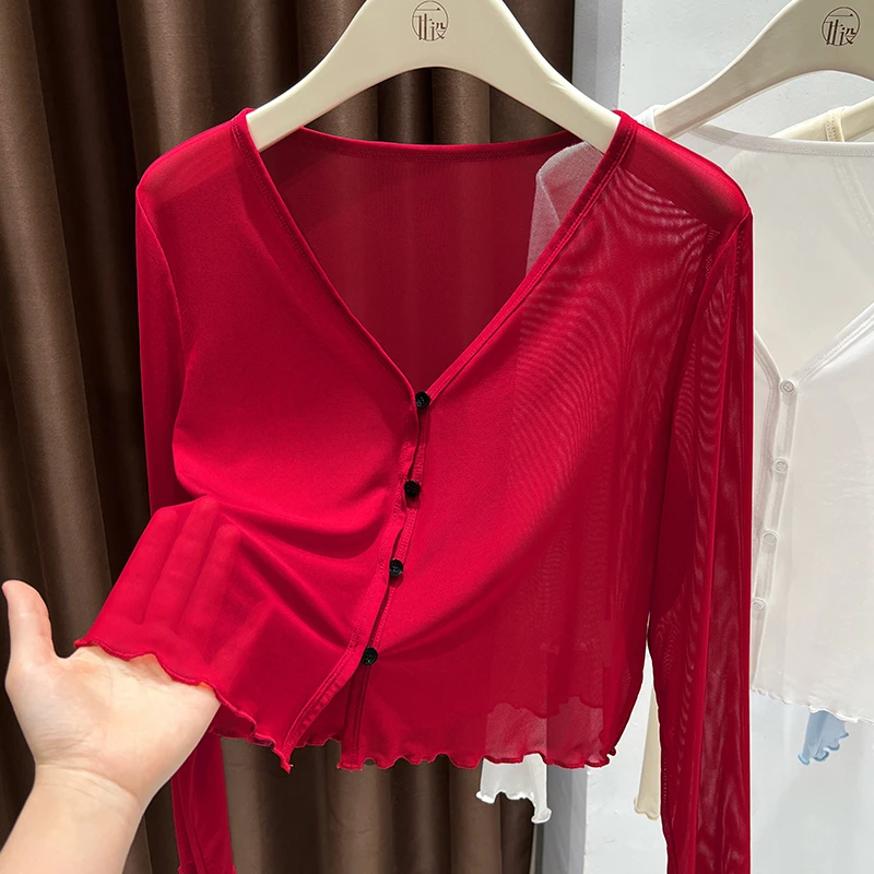 红色冰丝针织防晒小开衫女新款配裙子外搭木耳边短款披肩长袖上衣