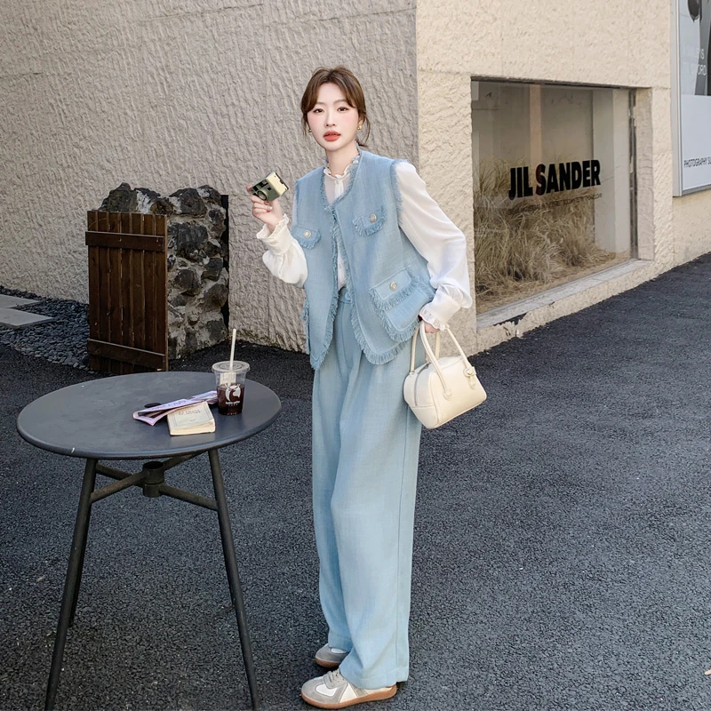 韩系ins小香风马甲衬衫长裤套装2025春秋新款复古轻奢流苏三件套
